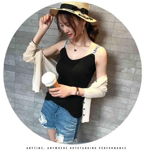 Women's 2025 Chic Knit Small Straps Summer Base Layer Ice Silk Letter Shoulder Straps V-Neck Outerwear Top