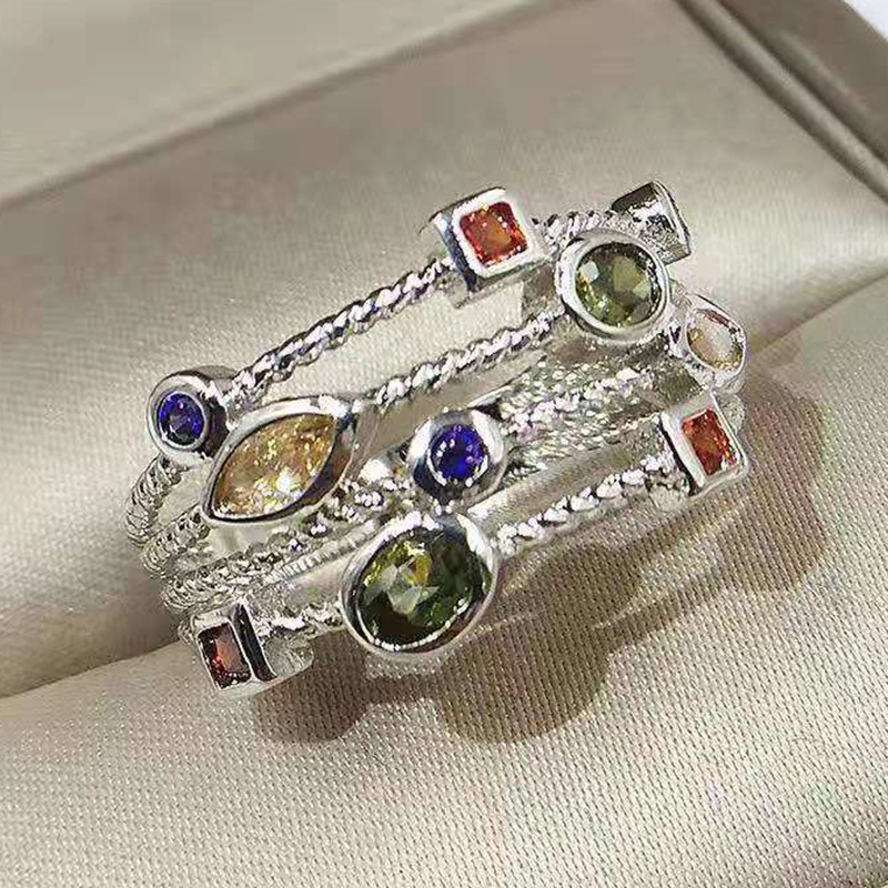 12g Weight Zircon Inlay Material Rings Classification 1 Piece Geometric Colorful Rings Metal Zircon Women'S Retro Rings