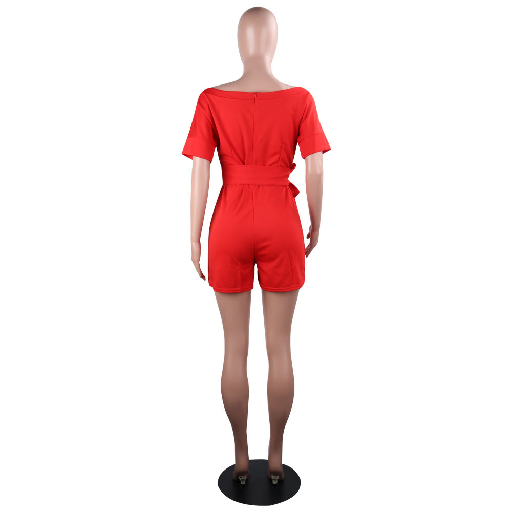 Classic Solid Color Round Neck Hollow Out Cutout Out Short Sleeved Jumpsuit