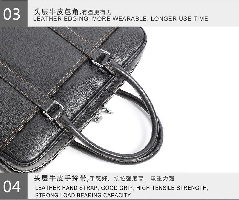 Túi xách công sở nam da bò thật dạng ngang đựng laptop 14 inch 39×28×8 cm — Màu đen dây nâu, Màu đen đường đen chi tiết 26