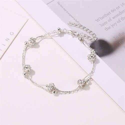 European and American Fashion Double Anklet Chain, Shambhala Diamond Ball Crystal Women's Layered Simple Alloy Beach Anklet Jewelry