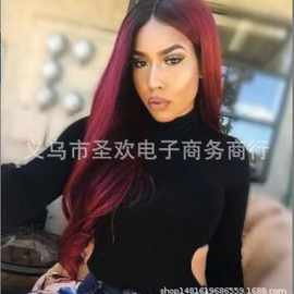 新款COS动漫假发中分长卷 双色漂染黑 酒红色欧美化纤合成头套