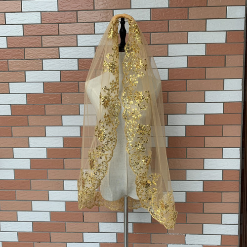 Gold sequin lace veil green with iron comb bridal tiara European and American short color wedding veil