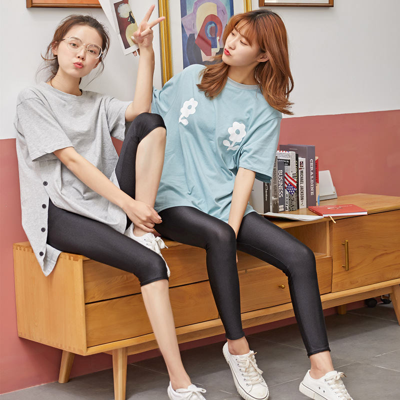 春秋薄款光泽裤打底裤女士外穿黑色小脚显瘦五分七分九分裤踩脚裤