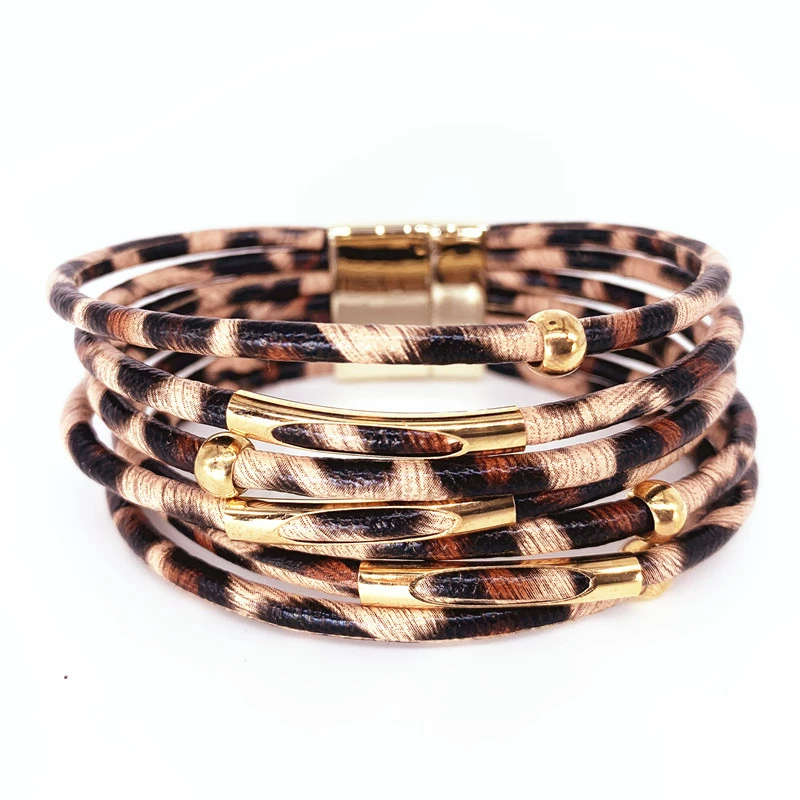 Браслет леопард Leopard LeatherBracelet кожаный браслет из кожи с бусинами и трубкой браслет с магнитной пряжкой