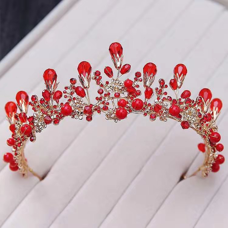 儿童王冠中式新娘头饰镀金红色水钻珍珠森系手工皇冠发饰旗袍配饰