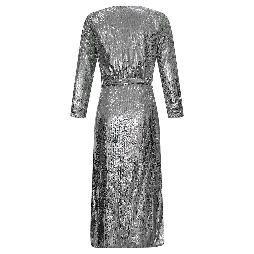 Casual Silver Sequined Long Coat Including Belt NSTRS94561