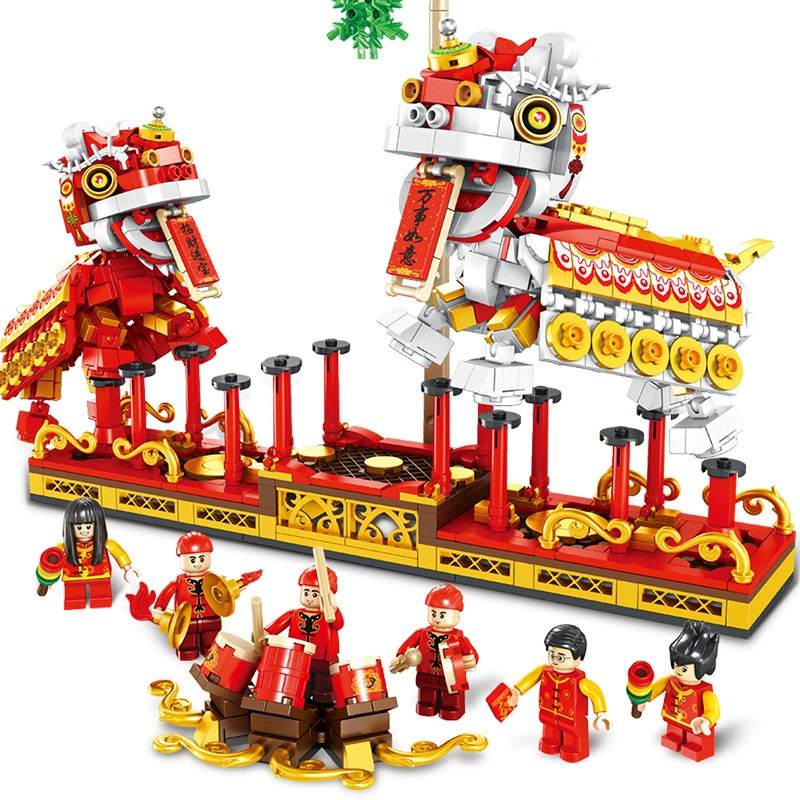 Panlos gift assembly Spring Chinese New Year auspicious lion dance dance dragon collection version 610006-7 building blocks