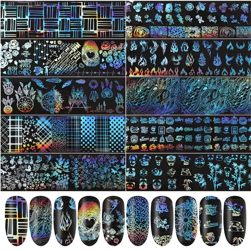 Nail art star paper colorful laser flame pattern panda dandelion nail transfer stickers 10 sheets/set of 20 × 4cm