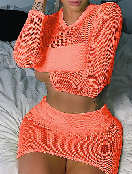 Fashionable Look with Sheer Mesh Long Sleeve Crop Top