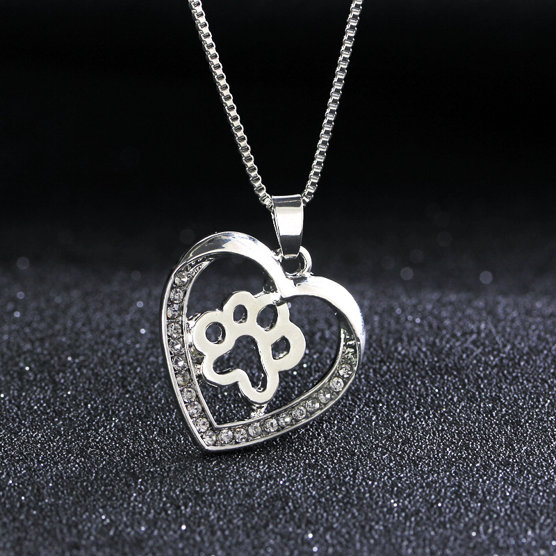 New fashion love peach heart necklace love dog paw hollow diamond pendant necklace wholesale
