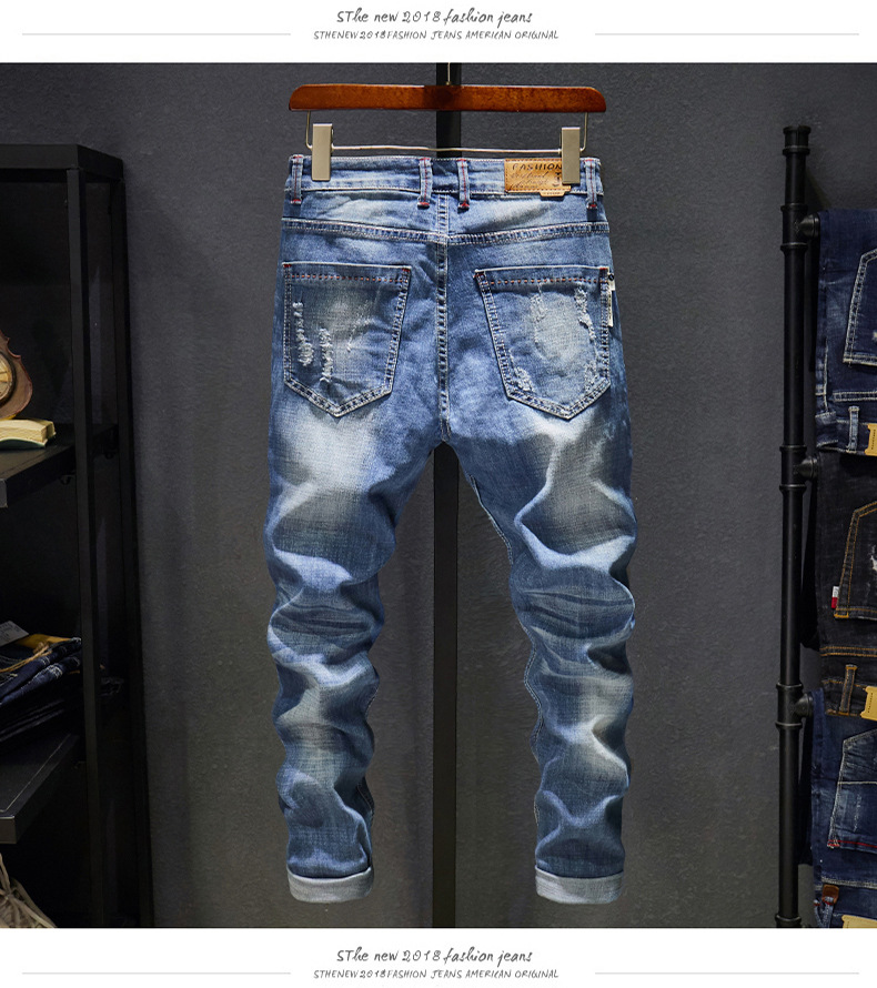 Elastic Jeans Youth Loose Light Color Big Hole Men's Scratched Beggar Slim Fit Feet Pants_voghion.com