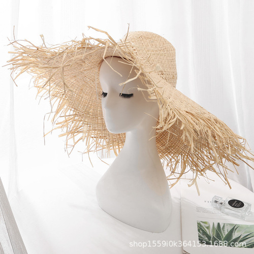 Straw hat, fur edge, large brim, raffia straw hat, summer sun hat ins for women traveling to the beach, seaside vacation sun hat