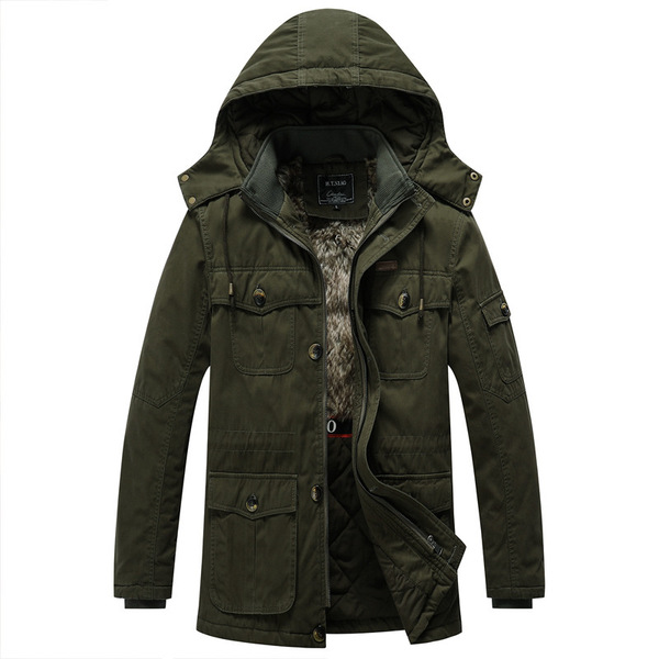 Men’s hooded and plush mid length wash coat casual jacket in autumn and winter