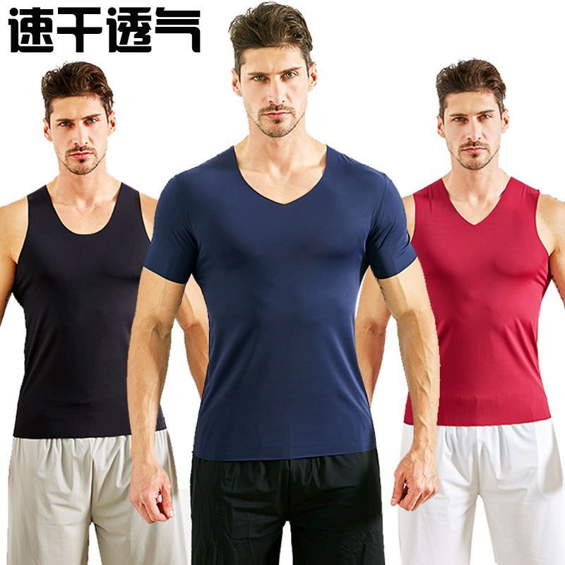 短袖t恤男士背心v领冰丝修身无痕内衣莫代尔随心裁打底衫厂家直销
