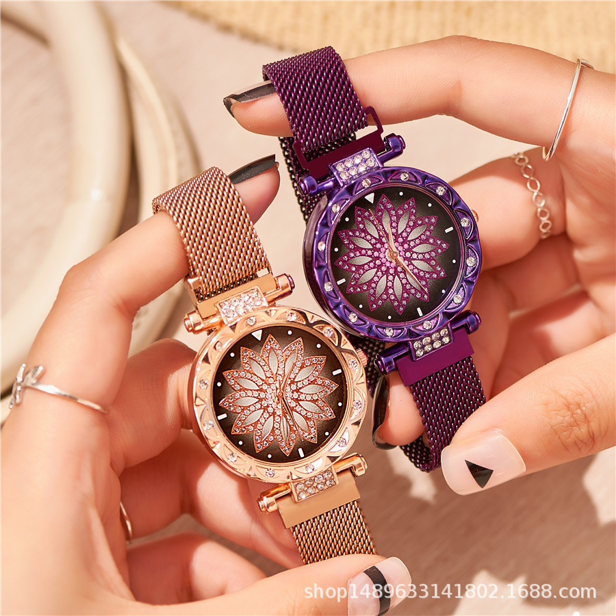 Los Diamantes De Moda Vienen A Trabajar Reloj De Pulsera De Cuarzo Reloj De Cielo Estrellado Reloj Femenino Imán De Magnetita Reloj De Correa De Malla De Milán Mujer display picture 2