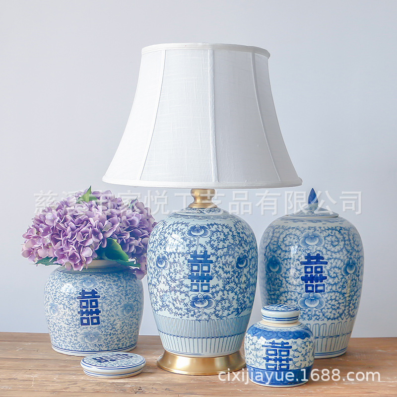 New Chinese style Blue and white porcelain Table lamp Melon Double Happiness All copper decorate Retro ceramics Table lamp a living room bedroom Bedside lamps and lanterns