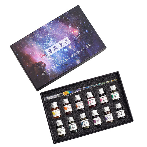 Crystal Glass Pen Water Pen Gift Box Gold Powder Color Ink Signature Pen Set Drawing Test Color Pen Gift Glass Pen