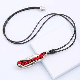 新款复古民族风长款可调节毛衣链 棉麻配饰银吊坠项链镶嵌红松石