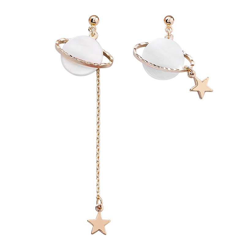 S925 Silver Pearl Shell Stars Moon Planet Asymmetric Earrings Female display picture 16