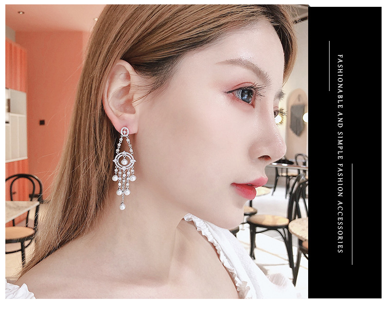 S925 Silver Needle Wang Hao With The Same Paragraph High-grade Slim Pearl Earrings Long Tassel Heavy Work Zircon Earrings Banquet Wild display picture 14