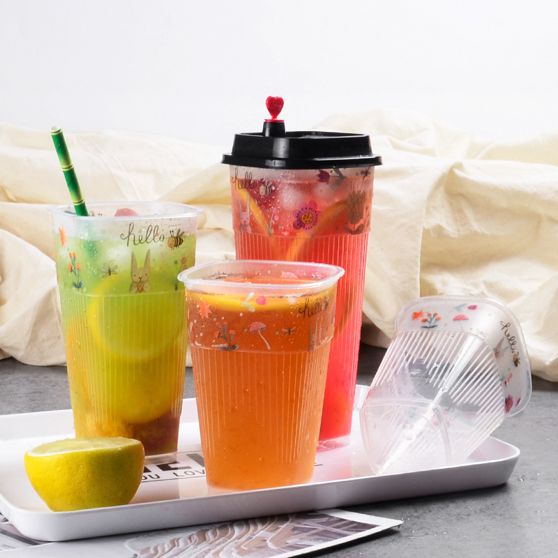 壹次性四方形奶茶杯抖音網紅創意卡通碎花條紋防燙飲料注塑杯定制