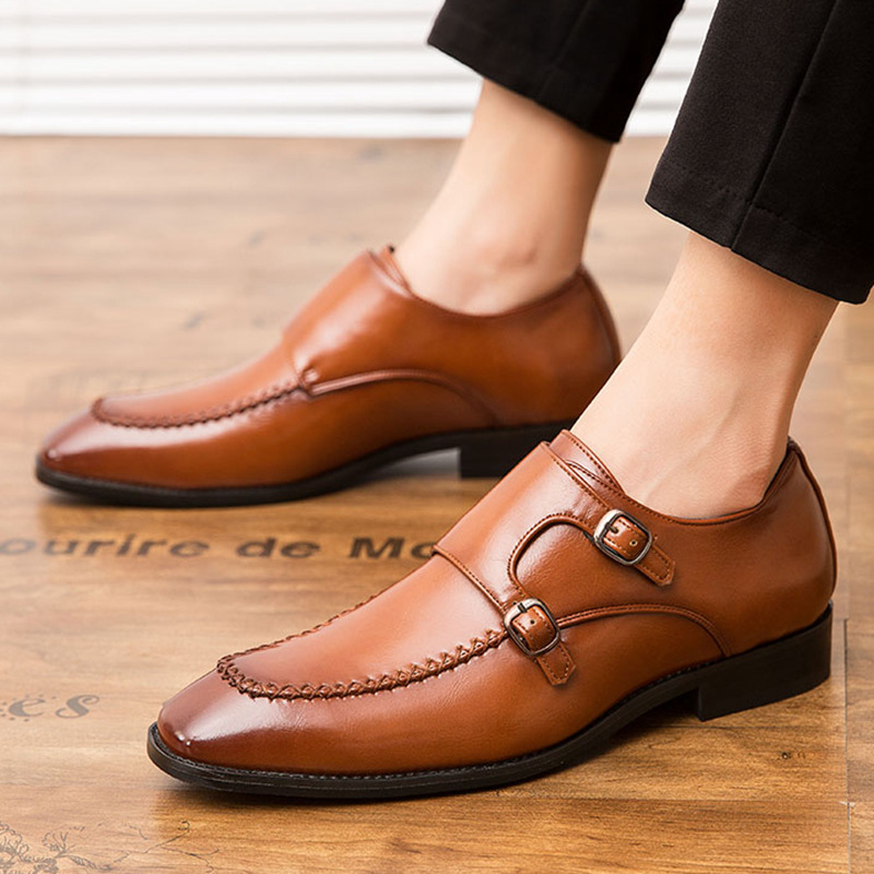 Cross border Men's Shoes man Business Formal leather shoes Tip Buckle England leisure time leather shoes 45 Big size wedding shoes