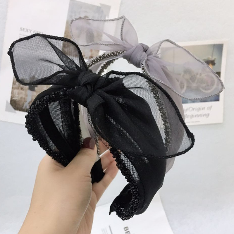 New Mesh Gauze Headband Korean Middle Knot Single Row Bead Wide Edge Simple Headband display picture 8