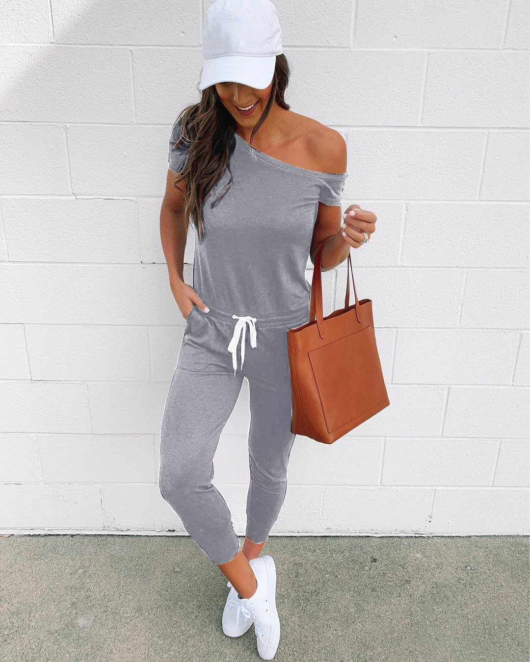 Women's Off-shoulder Jumpsuit With Pockets And Lace-up Details_voghion.com
