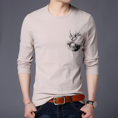 乔依尔2019春季新款男装长袖棉麻T恤 男式青年休闲中国风印花体恤|ms