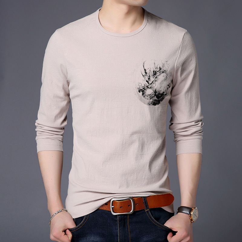 乔依尔2019春季新款男装长袖棉麻T恤 男式青年休闲中国风印花体恤|ms