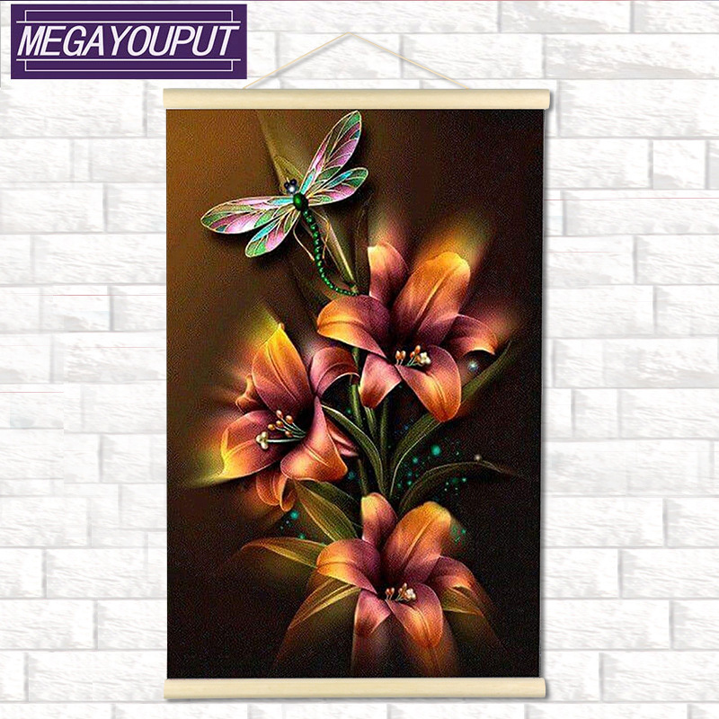 跨境新款钻石画蝴蝶花实木卷轴挂画DIY满钻简约现代装饰画批发|ms