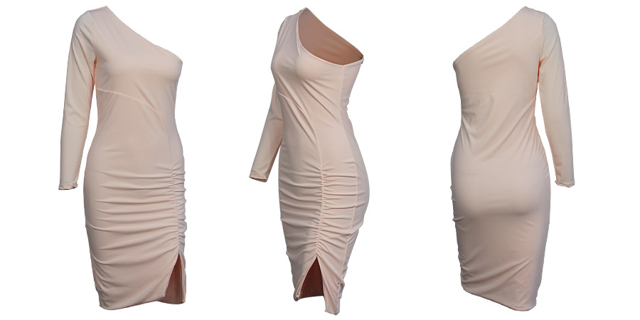 One-Shoulder Long-Sleeved Irregular Pleated Dress NSZY17794
