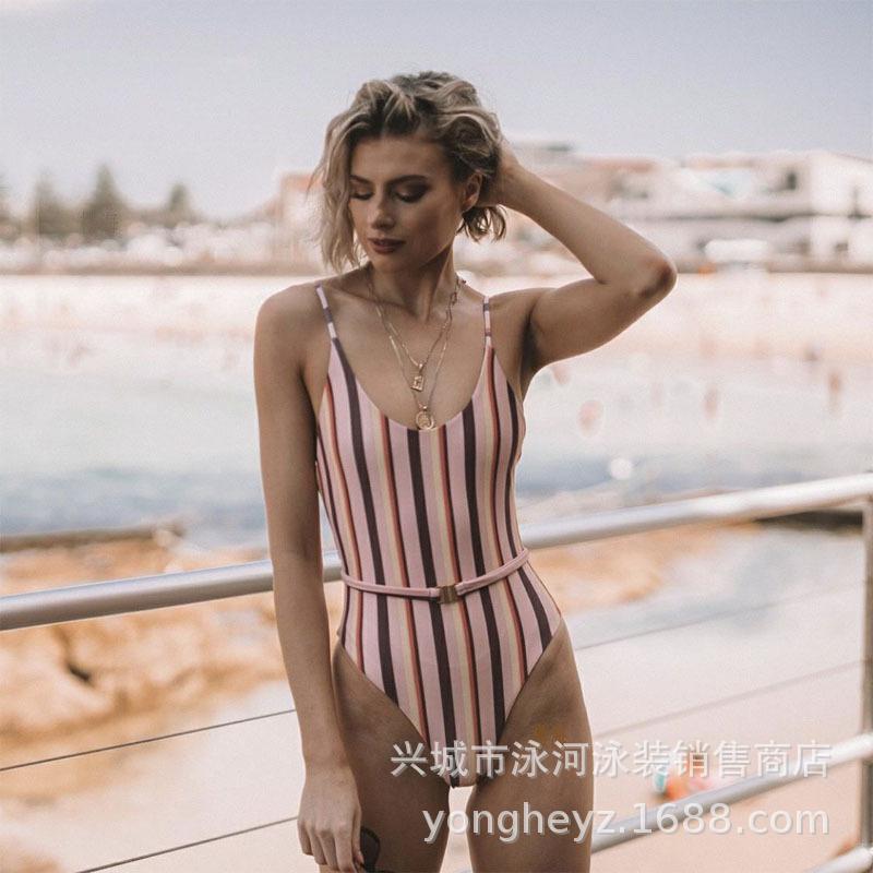 Swimming swimsuit 2019 The new swimsuit stripe Conjoined Belt paragraph Shoulder strap Show thin Europe and America sexy Swimming suit