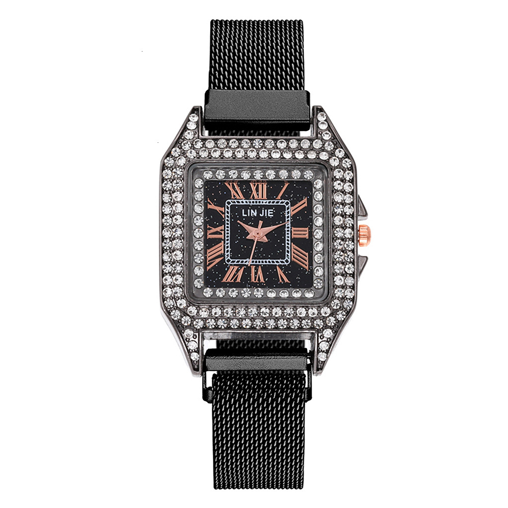 Suction Stone Magnet Mesh Watch Starry Diamond Rectangle Roman Scale Lady Bracelet Watch display picture 3