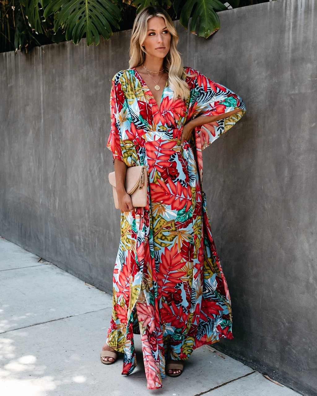 Leaf Print Irregular Long Dress NSYD35365