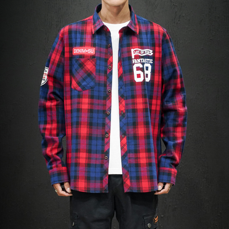 2020 Men's Taobao Casual New Plaid Long-sleeved Shirt Men's Slim-fit Digital Large Size Square Collar Single-breasted