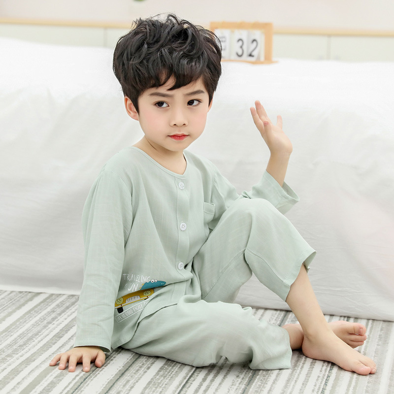 童装夏长袖竹节绵绸套装小孩空调服绵绸睡衣童家居服卡通儿童睡衣|ms