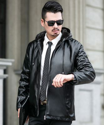 Hooded Motorcycle suit Hat Drawstring leather jacket man Middle and old age leather clothing middle age dad leather clothing