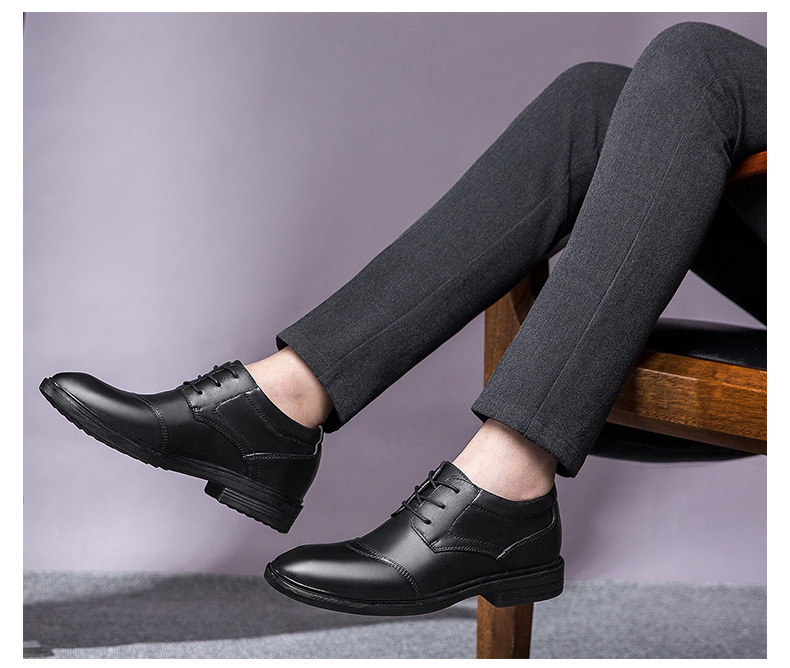 Men's Shoes Inner Height Increase Dress Lace-up Workplace Tooling Leather Shoes Round Head Shallow Mouth Shoes_voghion.com