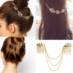 Fashionable and simple forest style literary style leaf hairpin multi-layered pearl tassel leaf hair comb hair accessories double plug comb headband