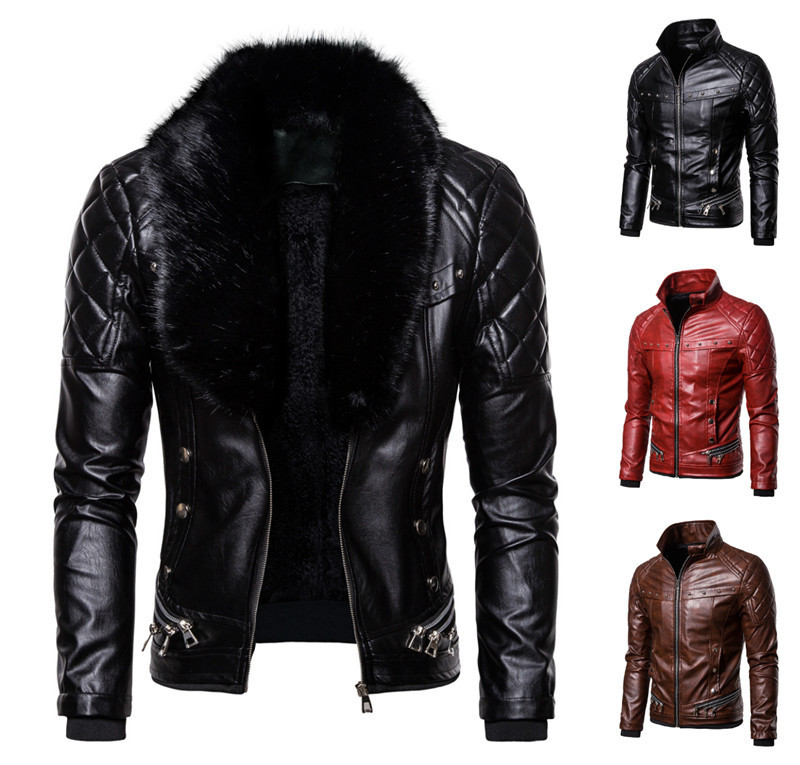 2019 autumn and winter new men's punk style detachable fur collar rivet pressure cotton thick motorcycle leather jacket coat
