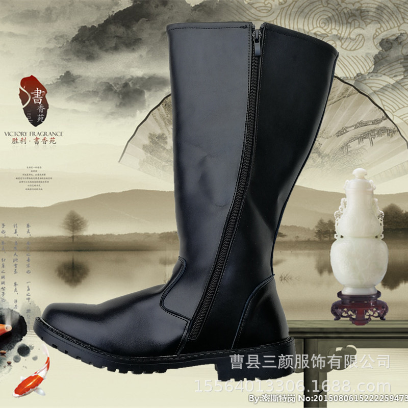 2019冬季加绒保暖黑色军皮靴男款高筒靴子户外升旗仪仗队拉链长靴