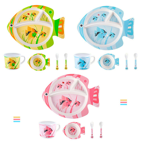 Creative cartoon bamboo fiber plant tableware children's tableware set 5-piece baby food supplement compartment plate bowl cup