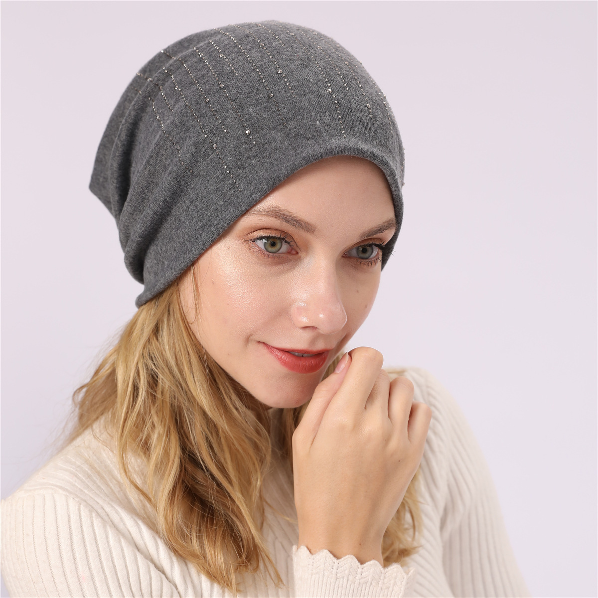 M965 nouveau automne/hiver Couple pull Double couche Imitation cachemire chaud diamant coton tissu chaud clair de lune chapeau_voghion.com