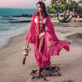 玫红中长款雪纺开衫沙滩外套泳衣搭比基尼防晒罩衫遮阳透气欧美风