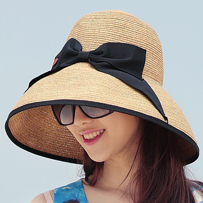 靈珑服飾女士夏天涼蝴蝶結大檐遮太陽帽子 卷邊折疊沙灘防曬草帽
