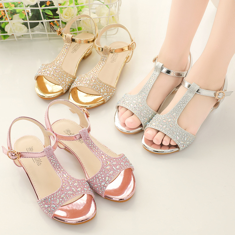 女童凉鞋2020新款时尚中大童公主鞋儿童夏季鞋小女孩水晶钻高跟鞋