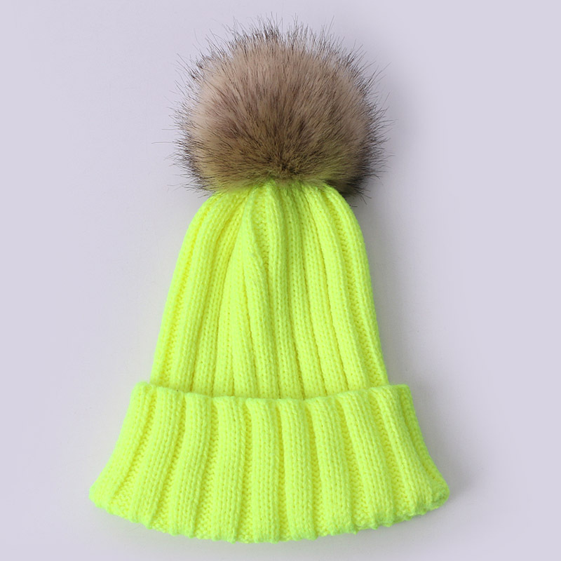 가짜 모피 공 형광 노란색 모자