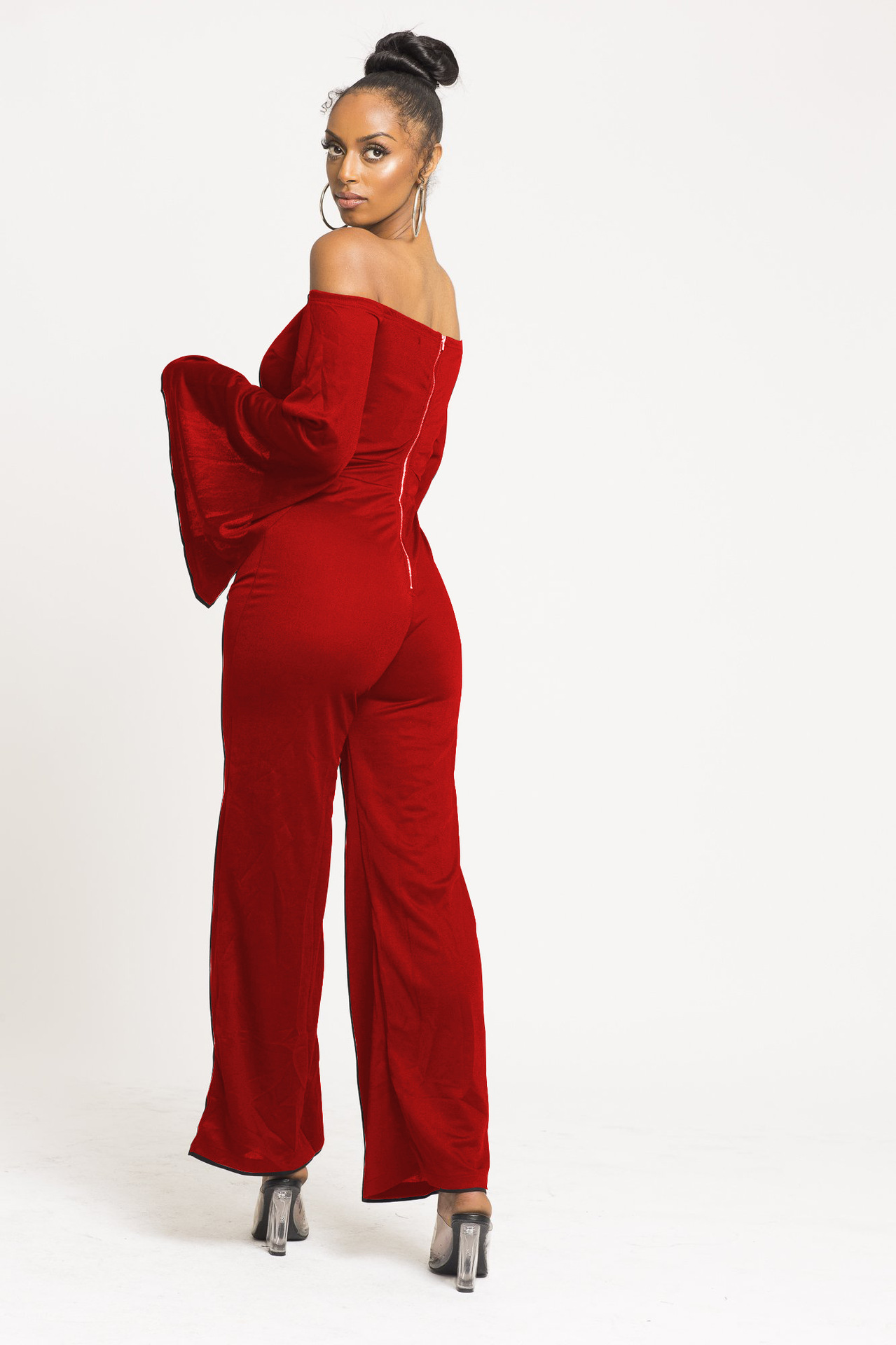 Boutique Casual Solid Color Long Sleeves Cropped off Shoulder Jumpsuit
